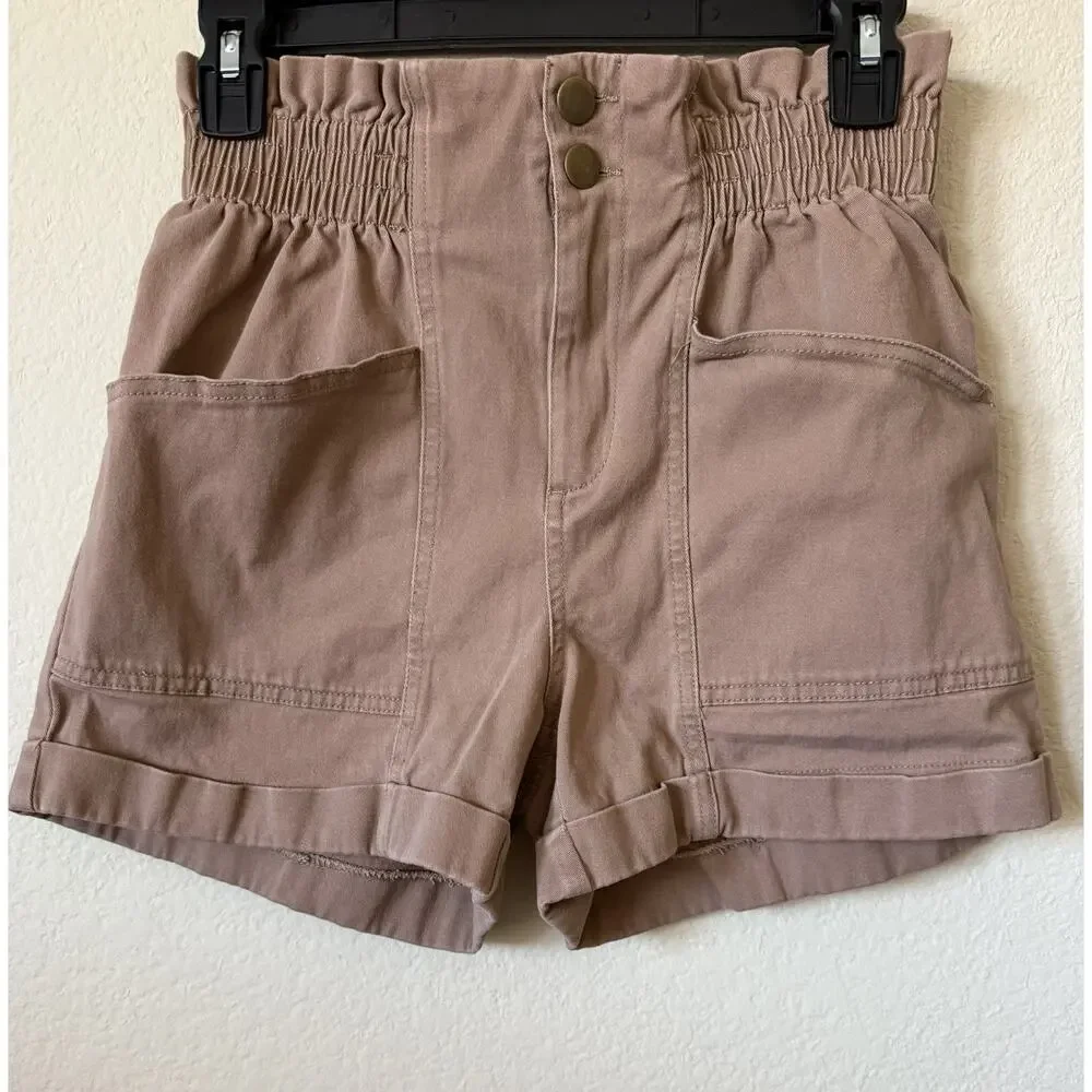 SO Brown Paperbag High Rise Relaxed Fit Cuffed Shorts Size S Inseam 3.5 in